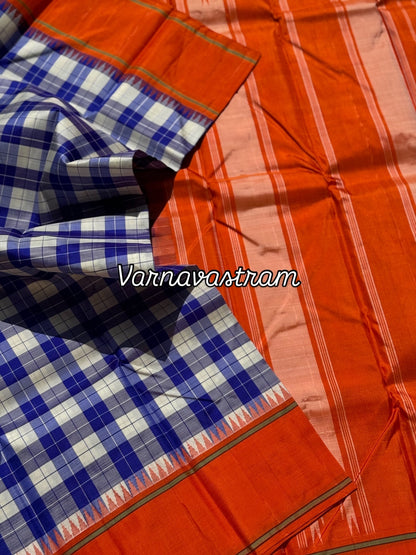 A gorgeous blue with offwhite Burberry checks temple korvai kanchivaram silk saree