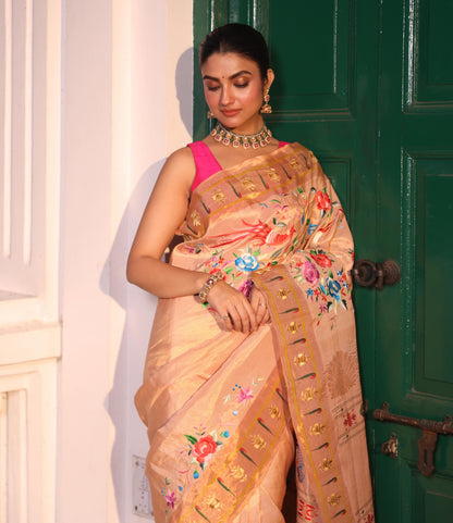 PAITHANI TISSUE SILK WITH ZARI STRIPES ORNATE WITH HAND EMBROIDERED PARSI GARA WORK
