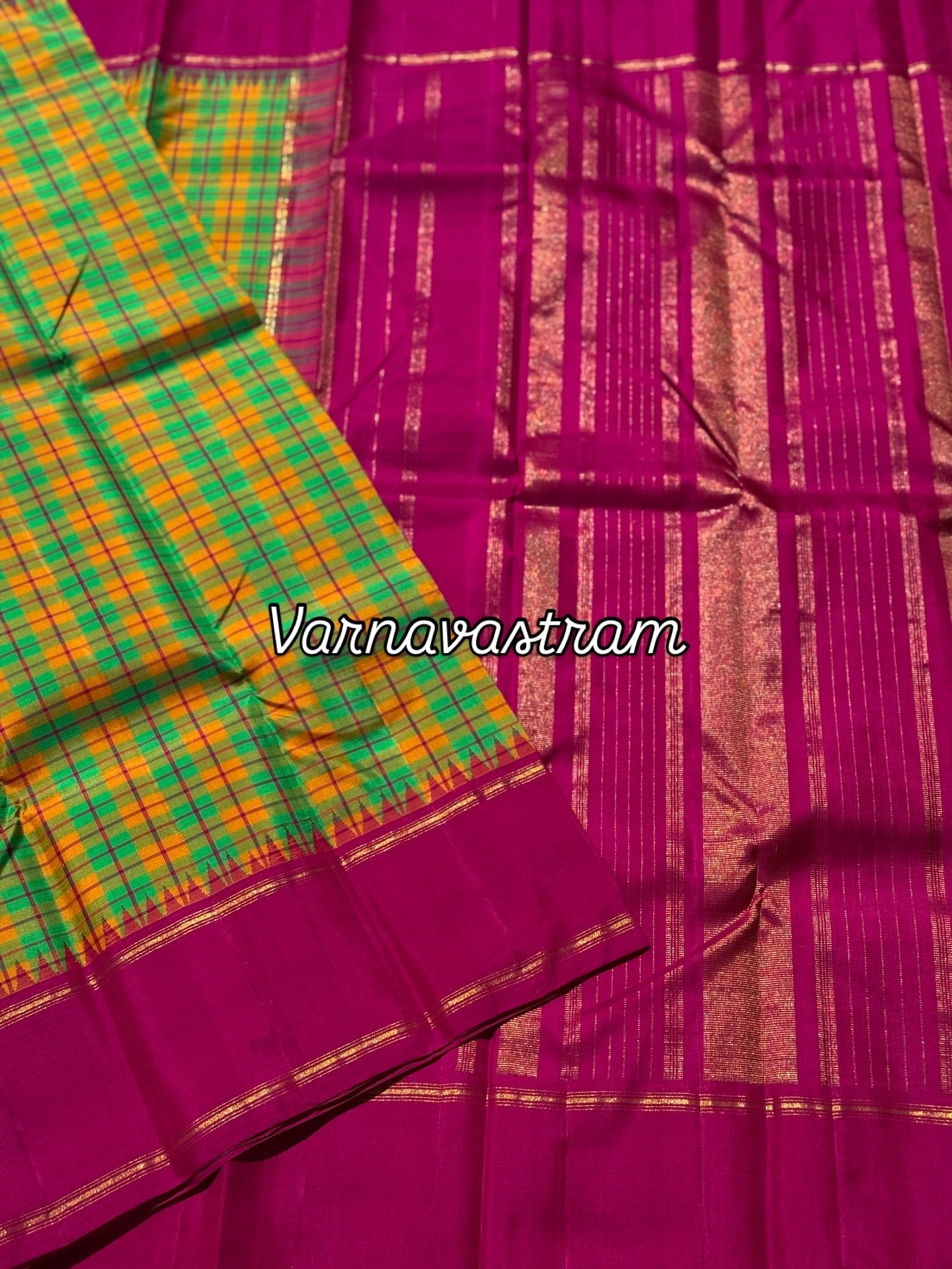 A pleasant seagreen fern green and black Burberry kattam korvai kanchivaram silk saree