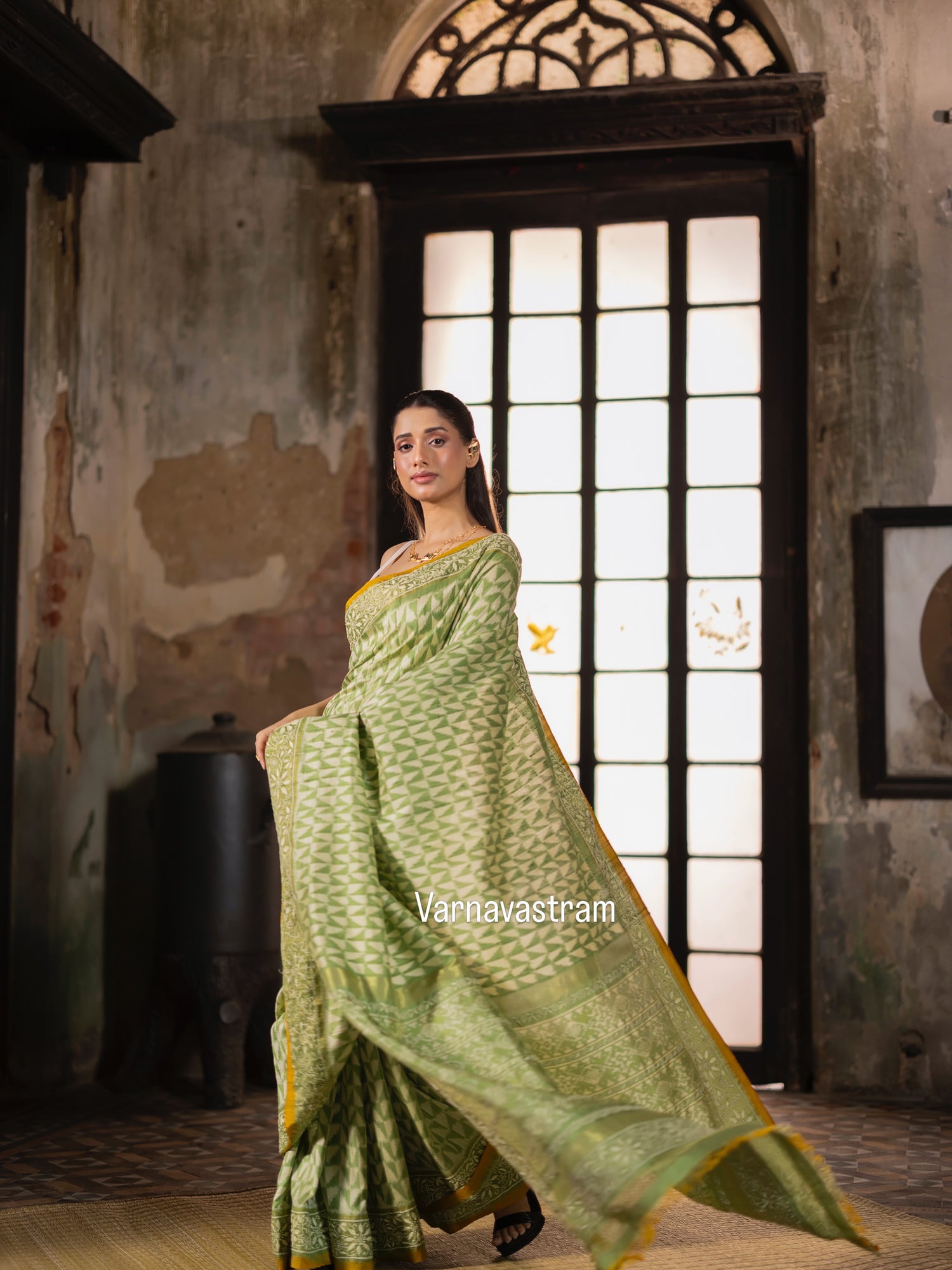 A Mulberry silk ikkat saree adorned with hand embroidery Chikankari work&amp;nbsp;