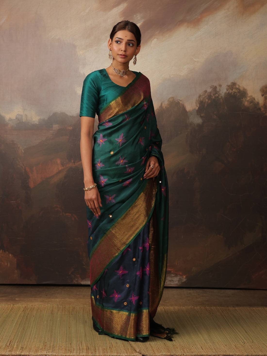 The korvai kanchivaram silk saree with hand stitched nui Shibori highlighted with Kantha hand embroidery