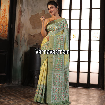 A mesmerising Bhandej inspired handwoven tie dyed ikkat silk SAREE with Bhandej inspired tie dyed patola ikkat weave