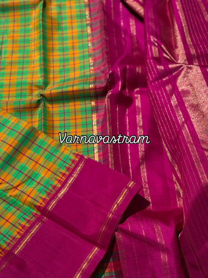A pleasant seagreen fern green and black Burberry kattam korvai kanchivaram silk saree