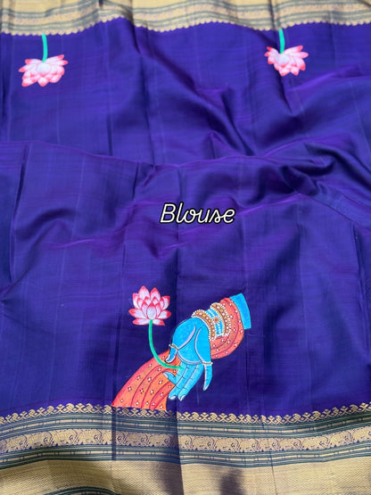 A stunner kanchivaram kattam korvai silk saree with foam green adorned with Handdrawn handpainted pichwai artwork