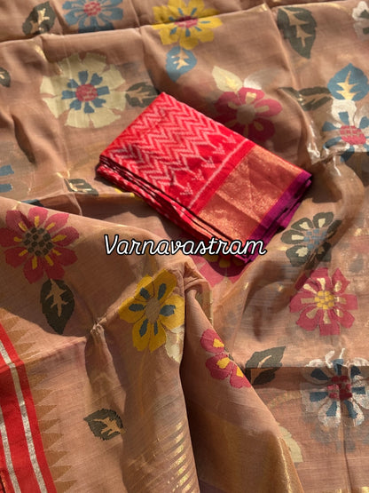 An elegant handspun ponduru Khadhi jamdani cotton saree in kaaki shade with red tissue Zari