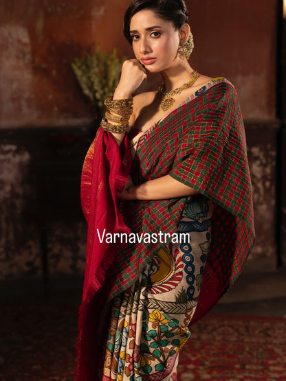VRATHAPANI- Exquisite Handdrawn handpainted penkalamkari korvai kanchivaram silk saree