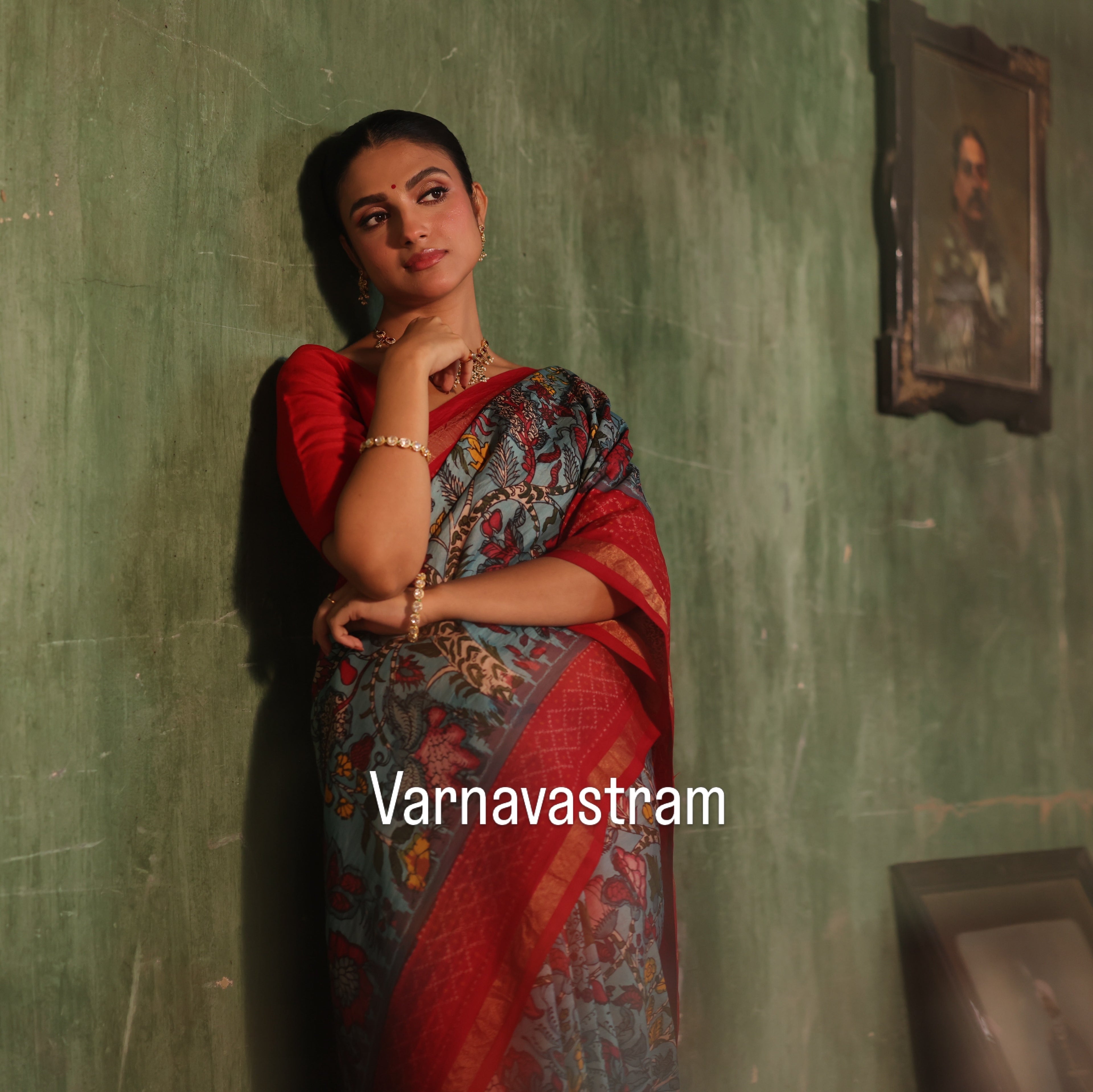 VRATHAPANI - A bhandhej inspired mulberry silk ikkat adorned with chintz inspired art on Complete Hand Drawn And Hand Painted Penkalamkari In korvai Kanchivaram Silk Saree