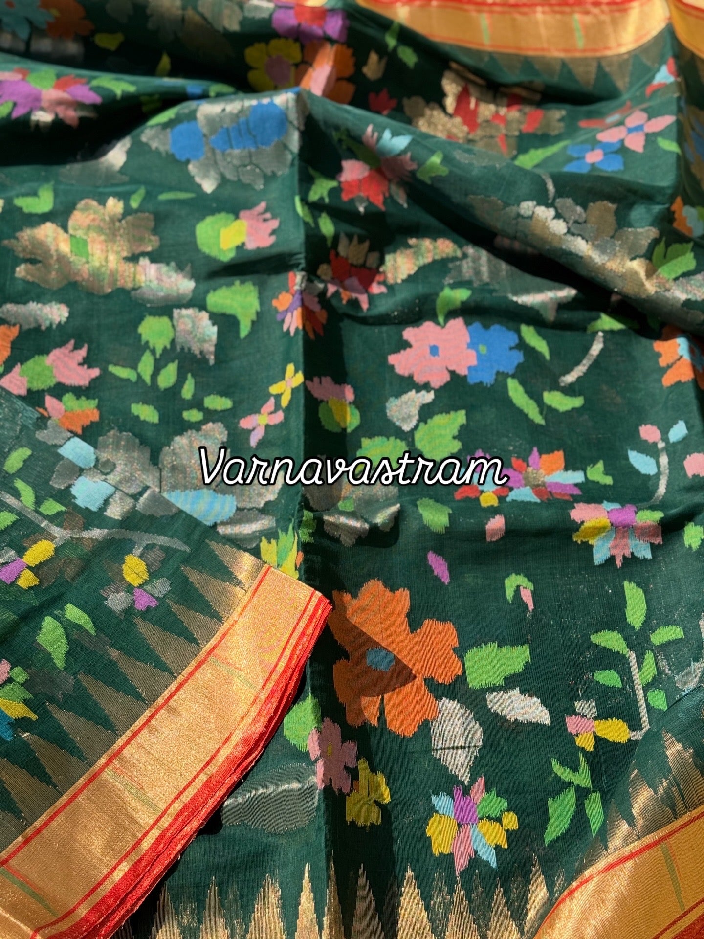 Full jaal weave ponduru Khadhi jamdani saree in peacock green