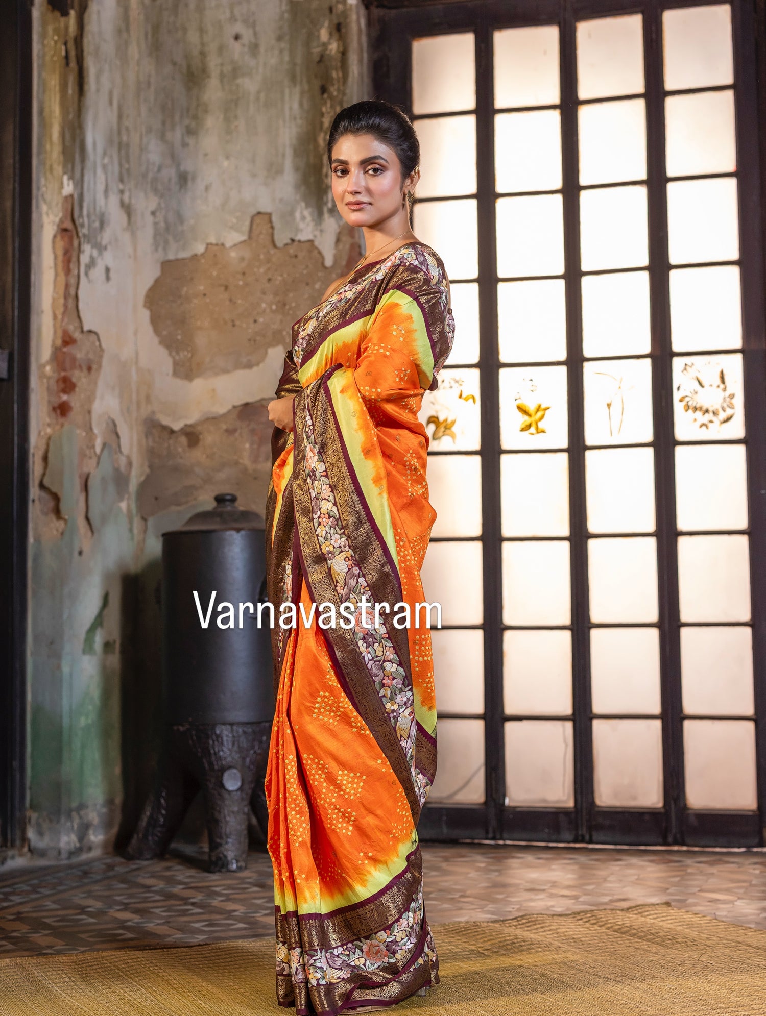 Parsi Gara with Rai Bhandej stunning zari Korvai Kanchivaram in yellow orange with betel brown