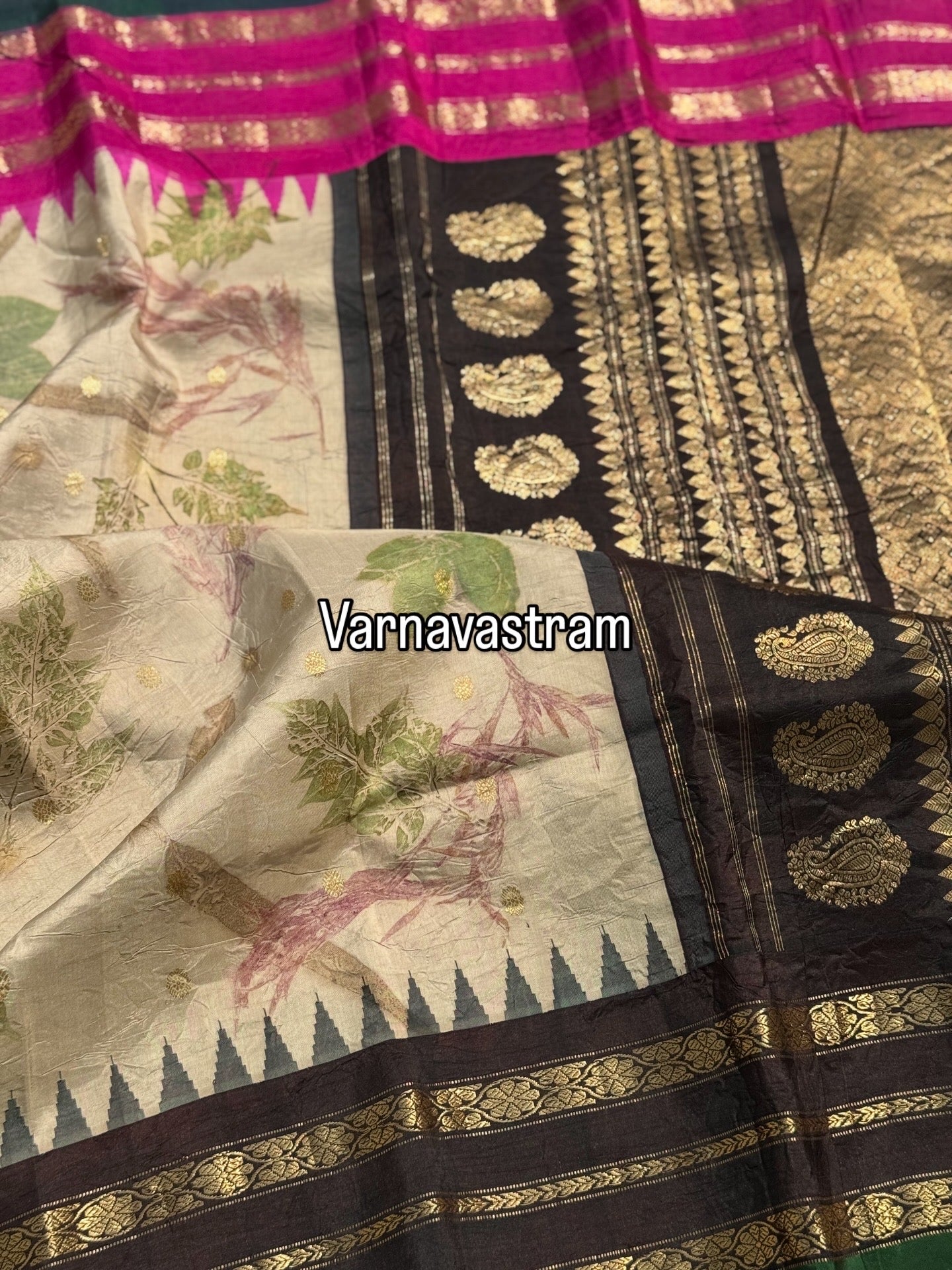 A pearl white with pink and black Natural Handmade Ecoprints kuttu gadwal silk saree