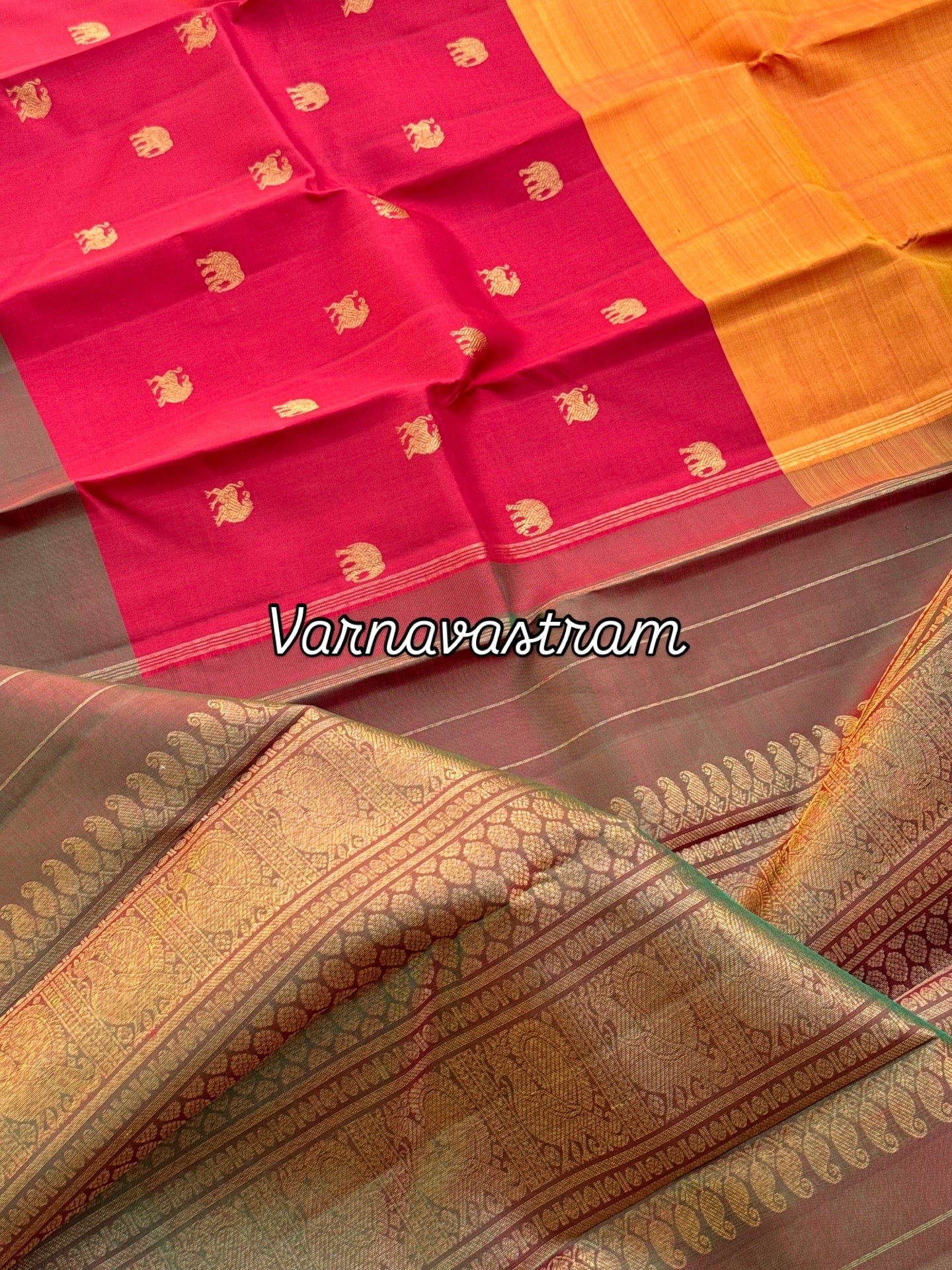An elegant mubbagam 3 part korvai kanchivaram silk saree with yaali elephant motifs