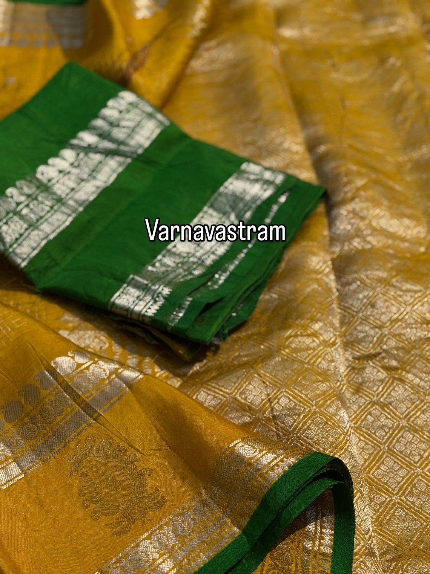 A lime yellow with green Natural Handmade Ecoprints Gadwal silk saree