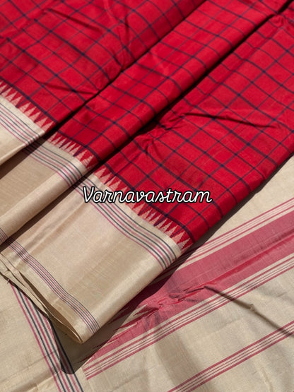 A stunning red ivory kattam korvai kanchivaram silk saree