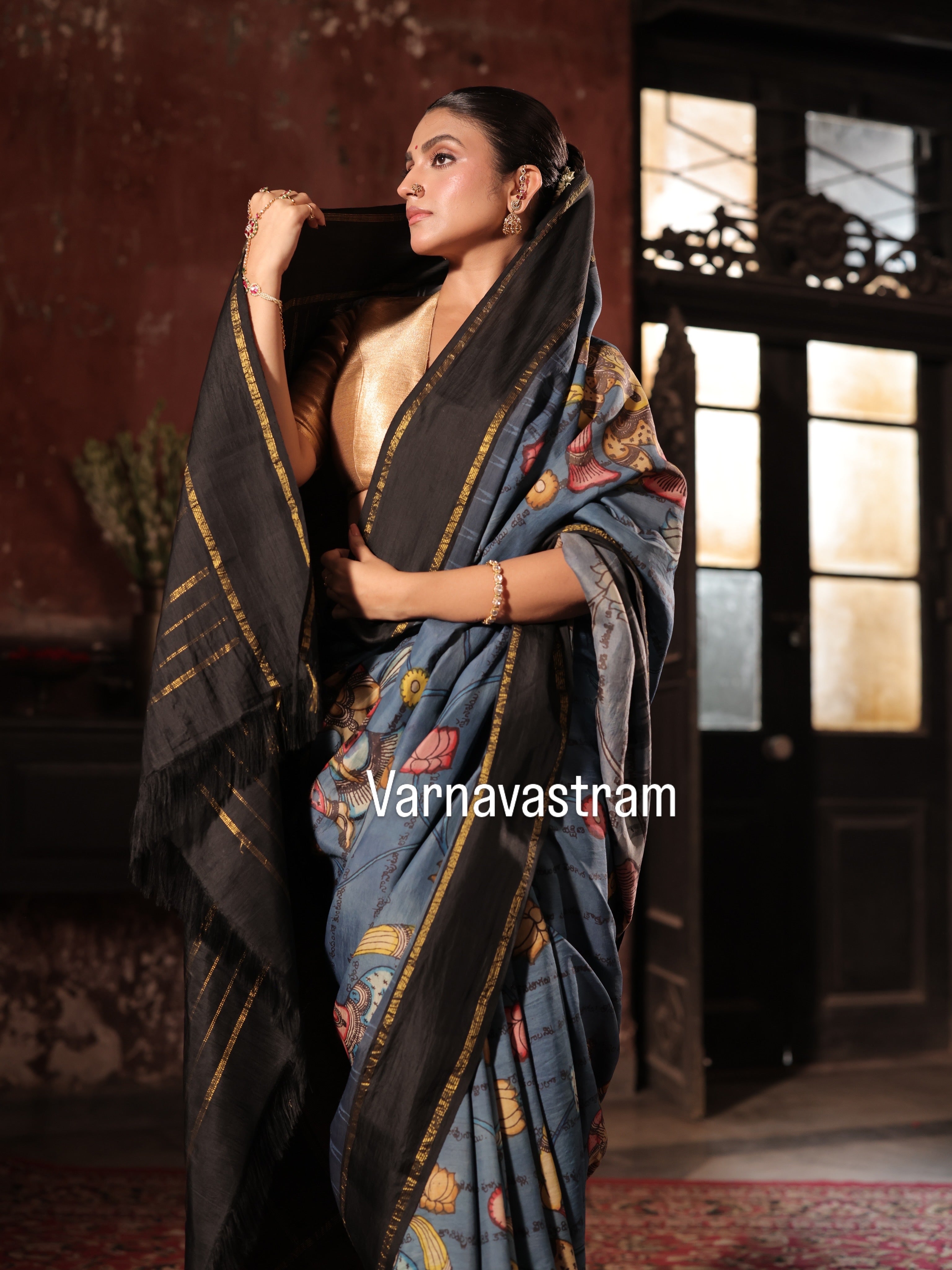 Part payment link VRATHAPANI - A deep indigo Complete Hand Drawn And Hand Painted Penkalamkari In korvai Kanchivaram Silk Saree with Ramayana script and dancing apsaras