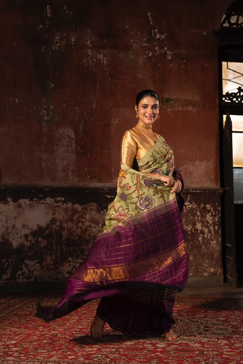 Masterpiece Pattani kattam double korvai kanchivaram silk saree Handdrawn handpainted penkalamkari