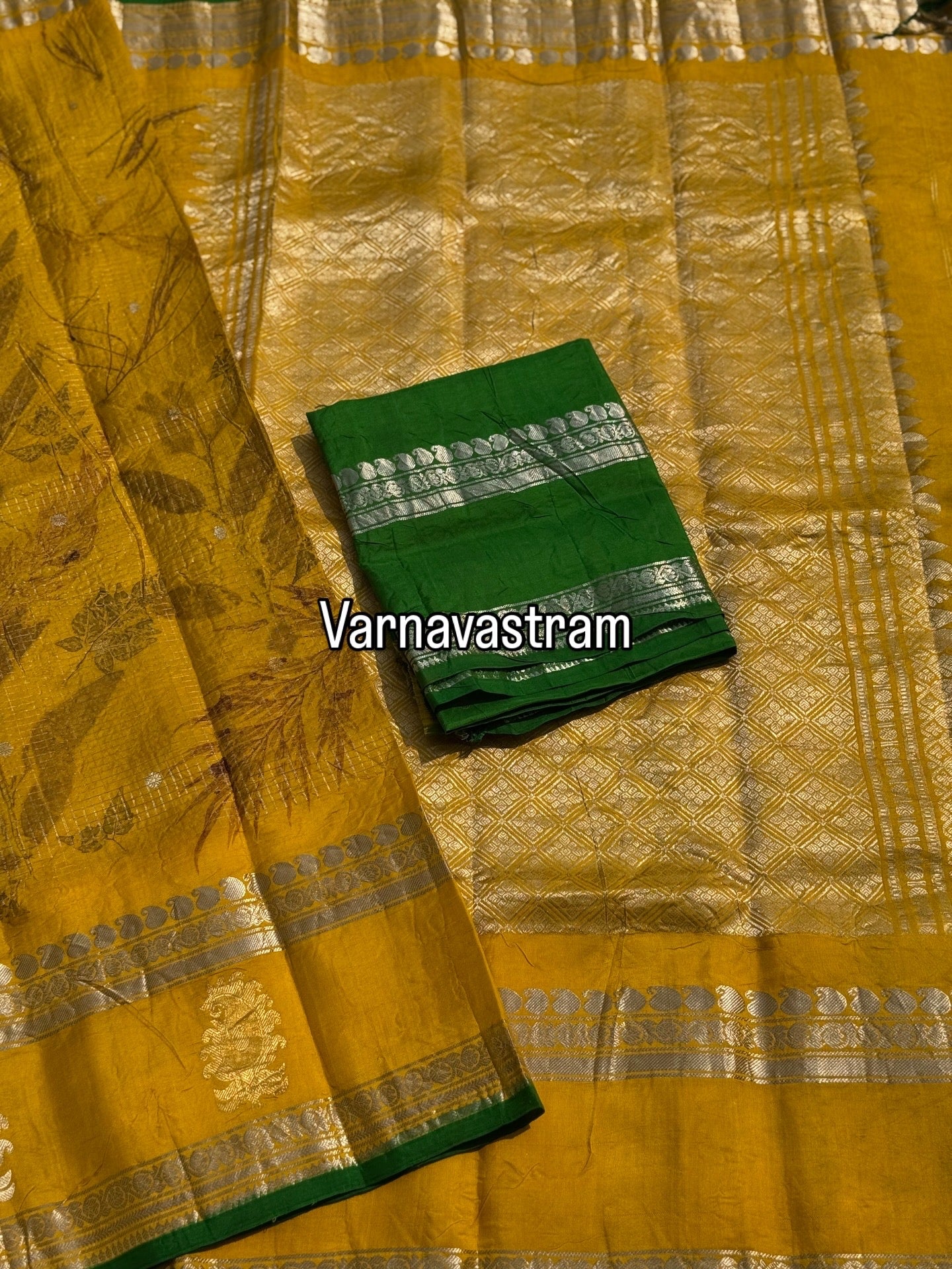 A lime yellow with green Natural Handmade Ecoprints Gadwal silk saree