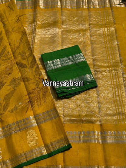 A lime yellow with green Natural Handmade Ecoprints Gadwal silk saree