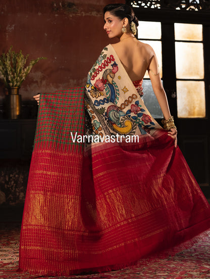VRATHAPANI- Exquisite Handdrawn handpainted penkalamkari korvai kanchivaram silk saree