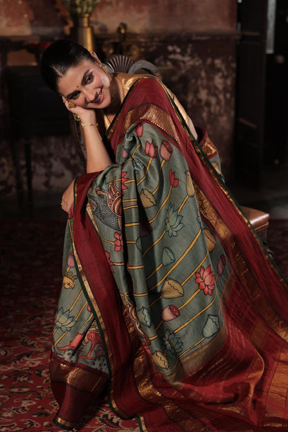 Reserved - Complete Hand Drawn And Hand Painted Penkalamkari In korvai Kanchivaram Silk Saree