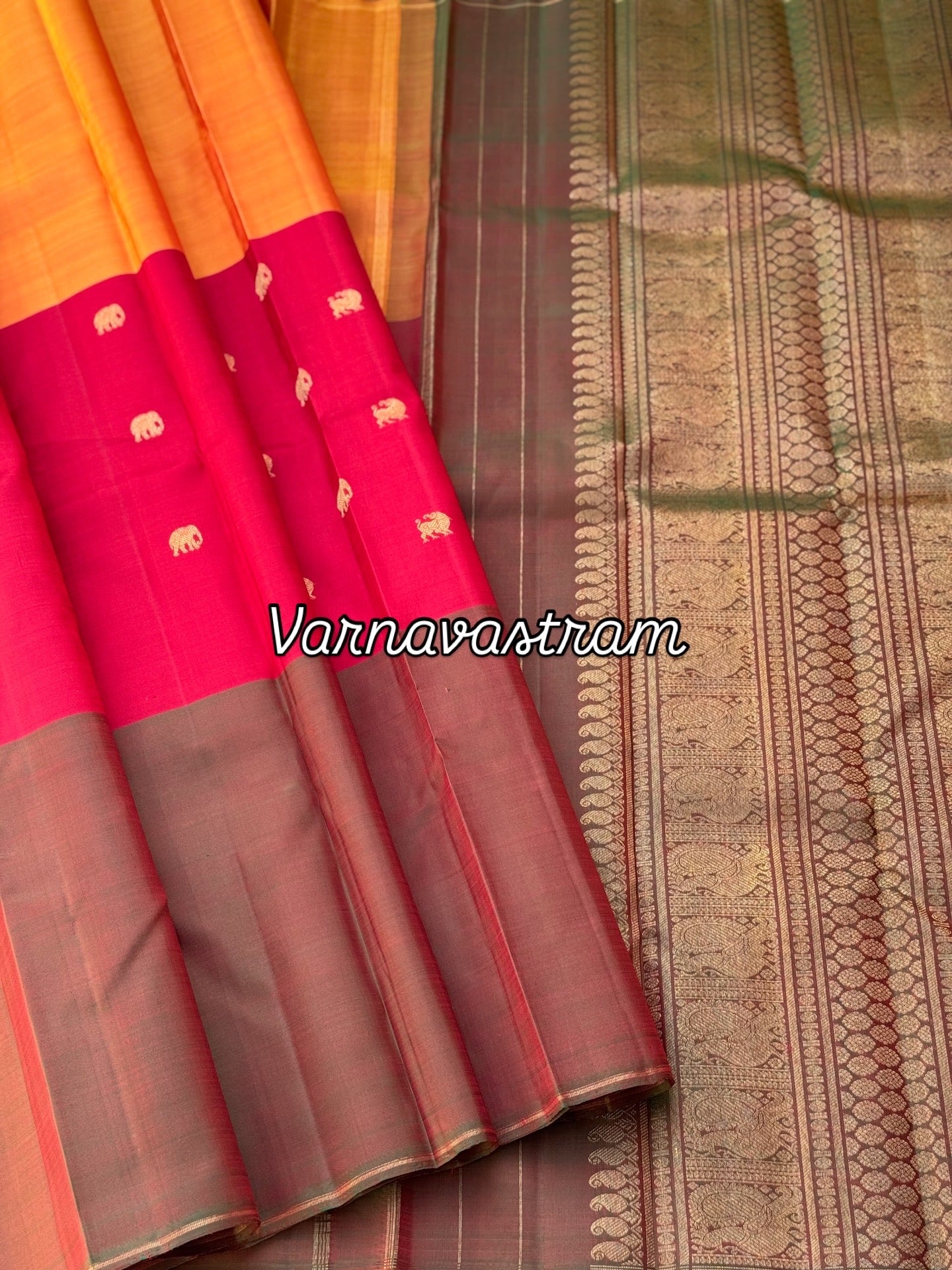 An elegant mubbagam 3 part korvai kanchivaram silk saree with yaali elephant motifs