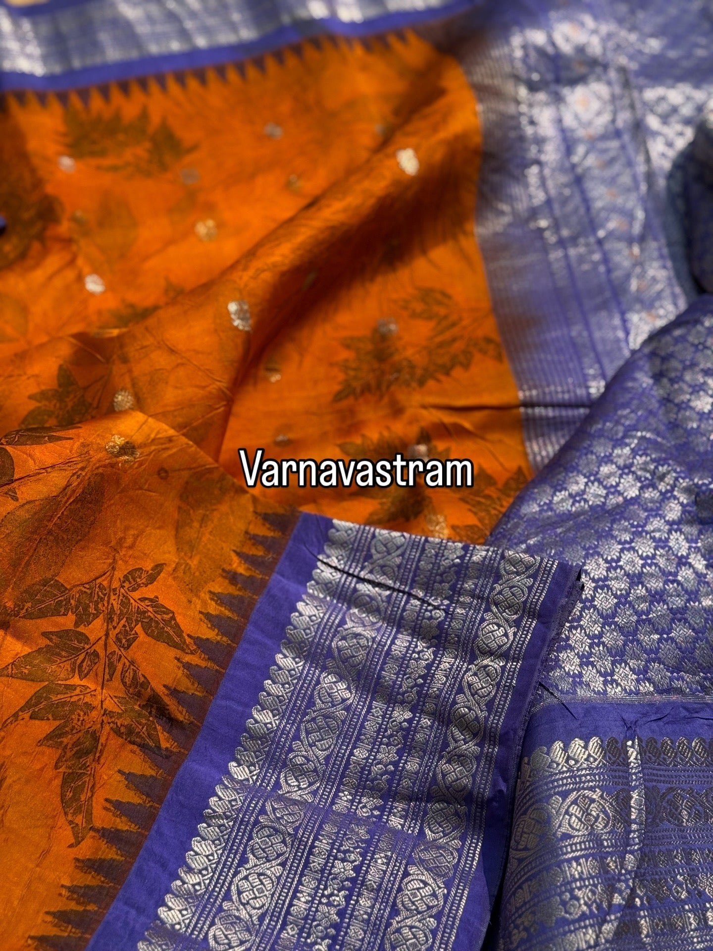 An orange with lilac Natural Handmade Ecoprints Gadwal silk saree