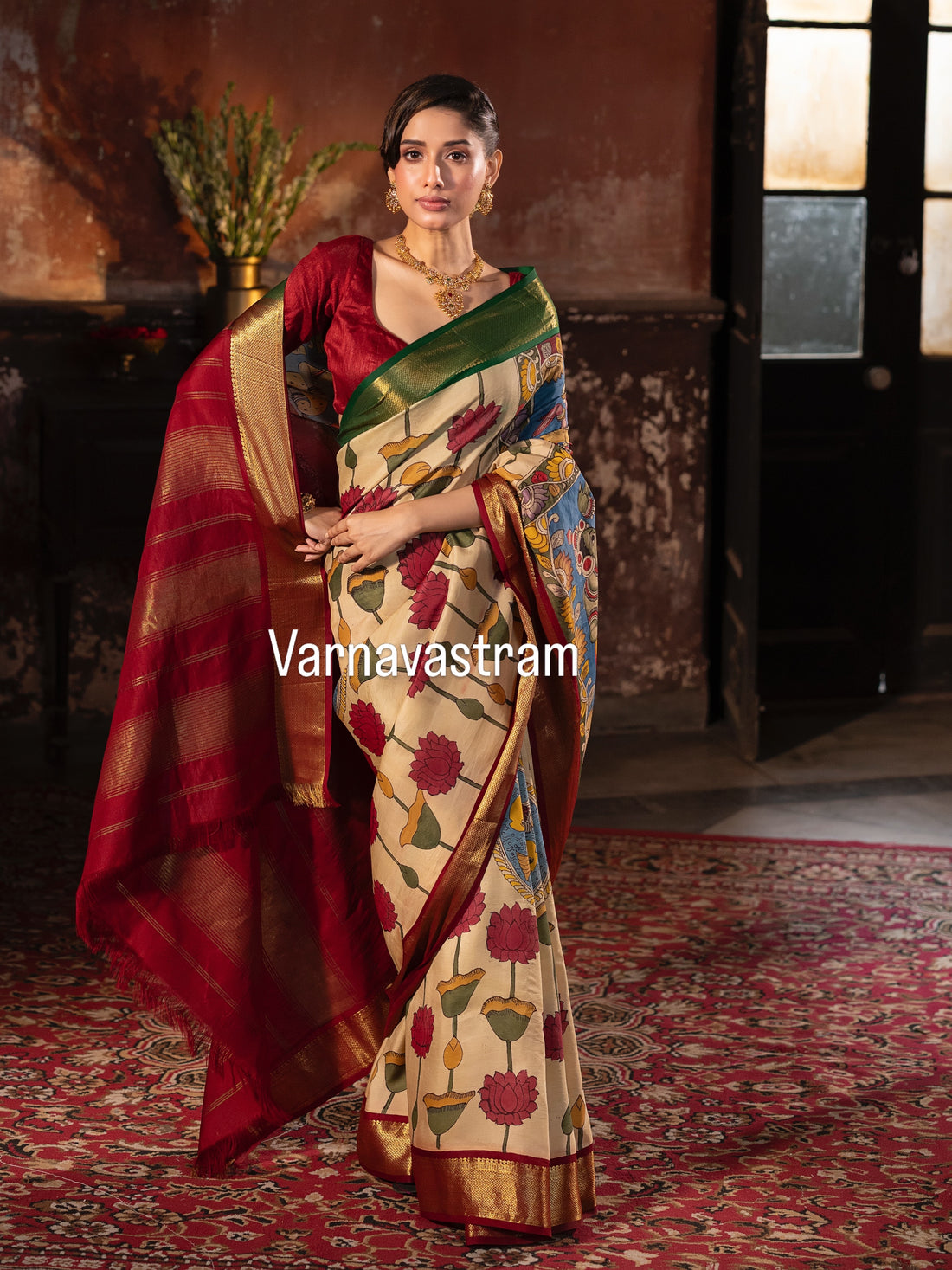Masterpiece Ganga jamuna korvai kanchivaram silk saree Handdrawn handpainted penkalamkari