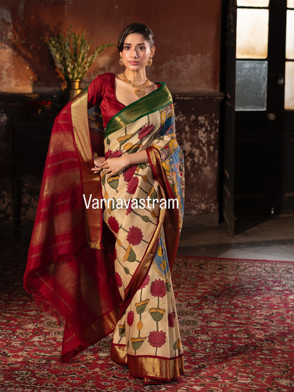 Masterpiece Ganga jamuna korvai kanchivaram silk saree Handdrawn handpainted penkalamkari