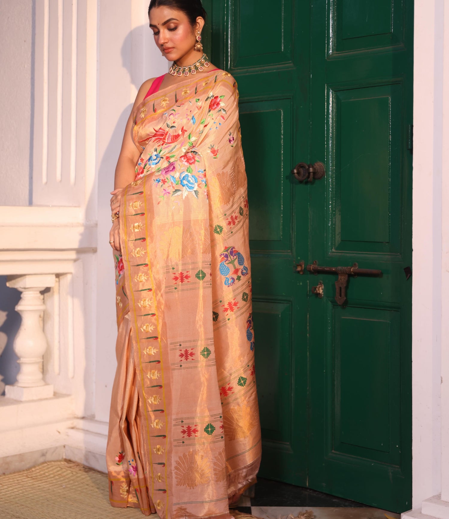 PAITHANI TISSUE SILK WITH ZARI STRIPES ORNATE WITH HAND EMBROIDERED PARSI GARA WORK