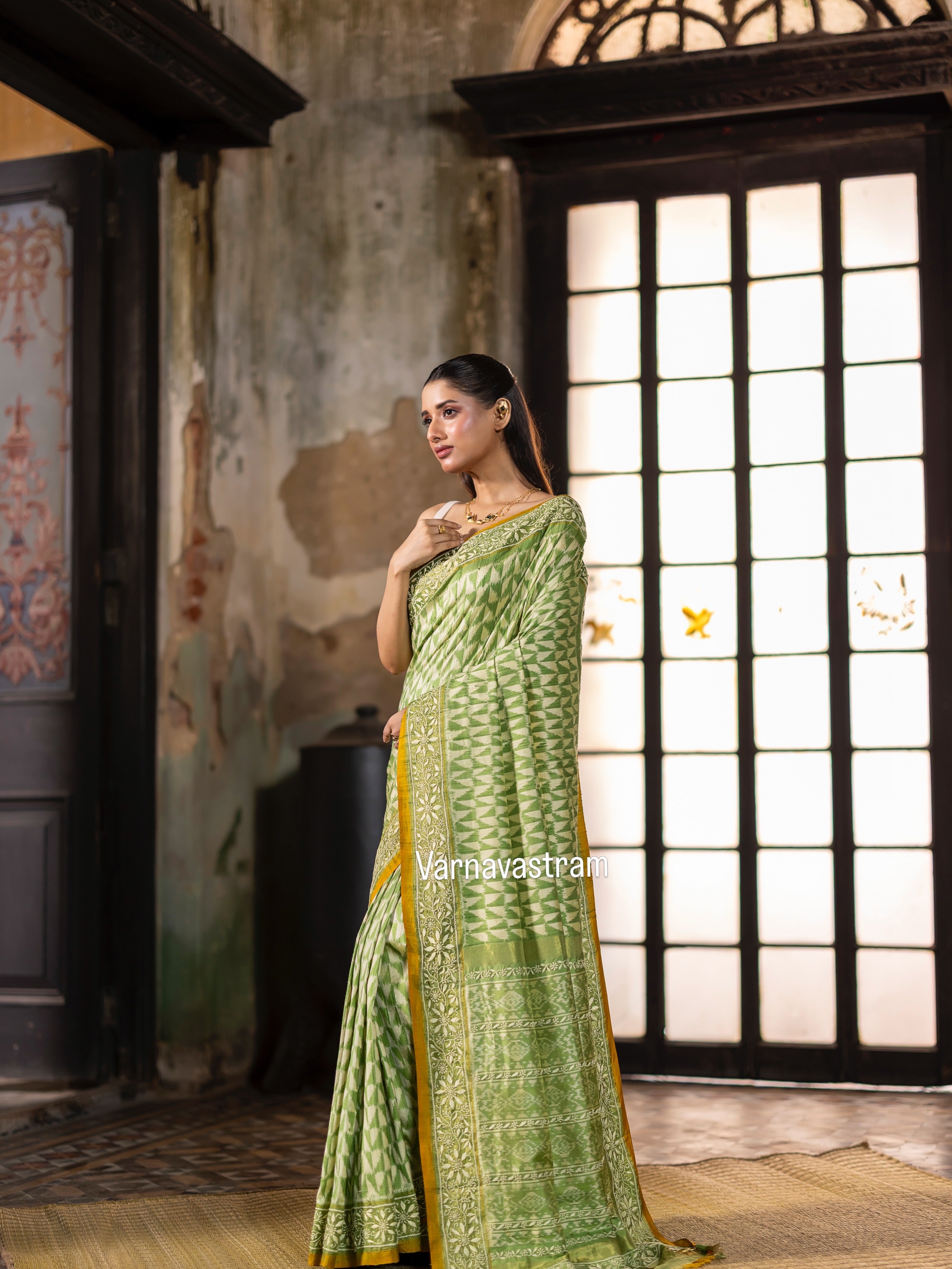 A Mulberry silk ikkat saree adorned with hand embroidery Chikankari work&amp;nbsp;