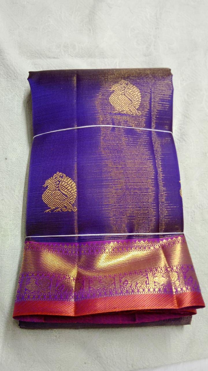 Purple pink shot vairaoosi kanchivaram silk saree with annam motifs