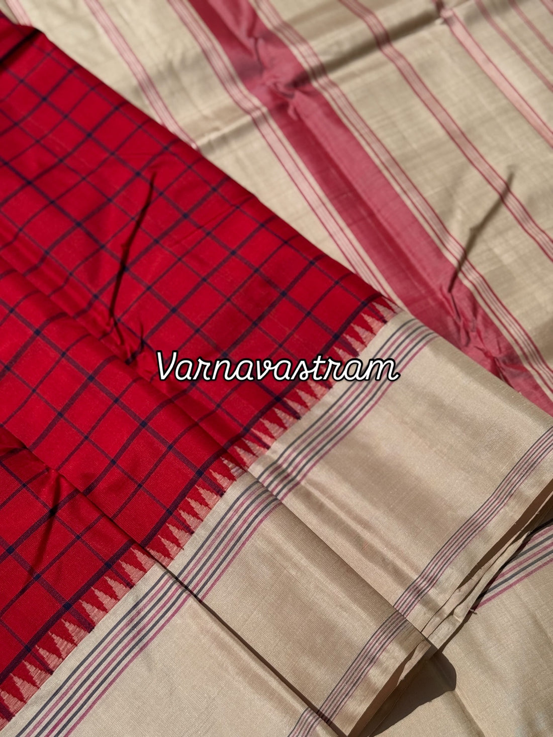 A stunning red ivory kattam korvai kanchivaram silk saree