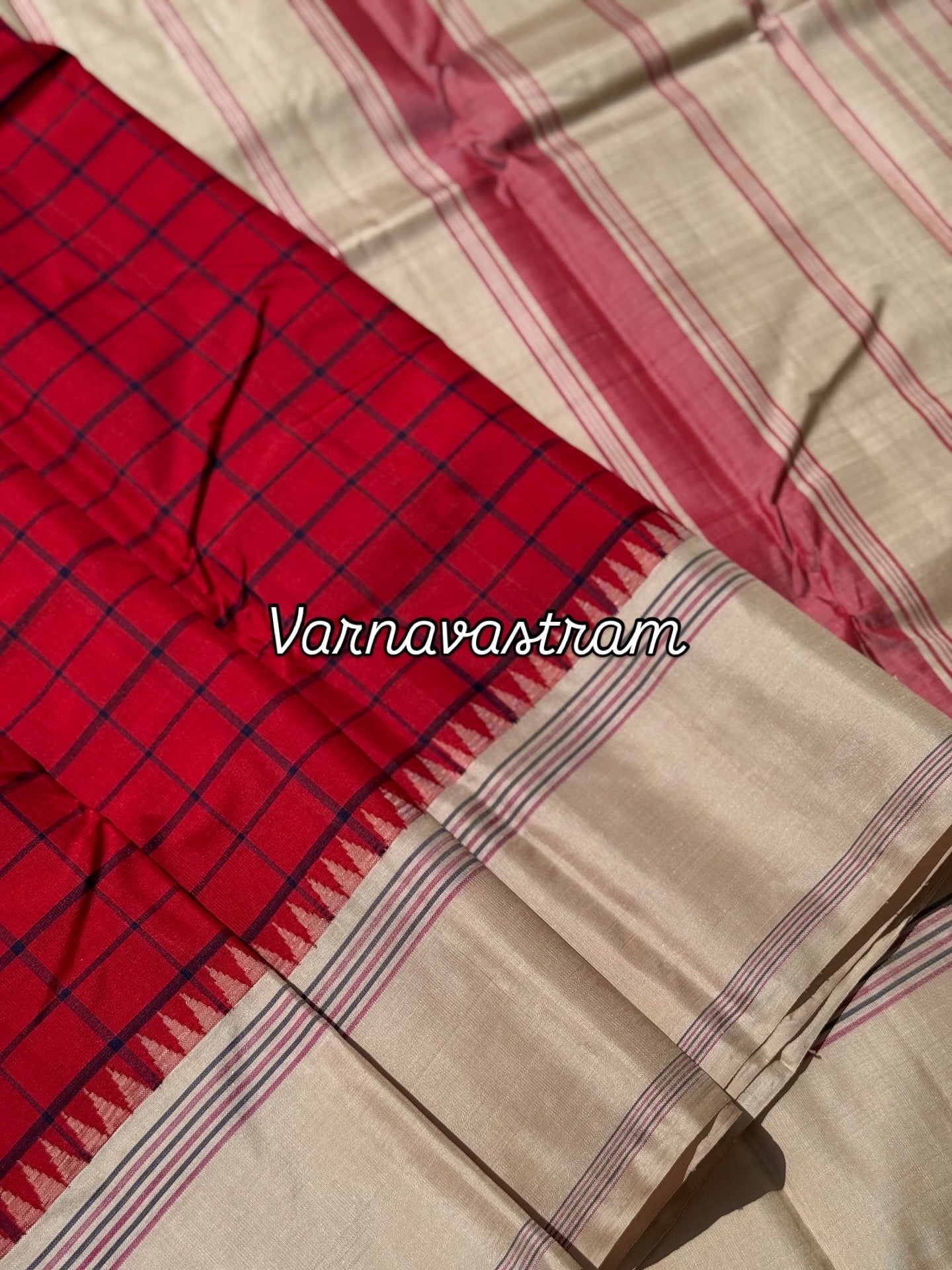 A stunning red ivory kattam korvai kanchivaram silk saree