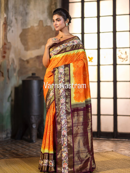 Parsi Gara with Rai Bhandej stunning zari Korvai Kanchivaram in yellow orange with betel brown