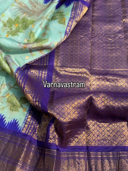 An ice blue with royalblue Natural Handmade Ecoprints Gadwal silk saree