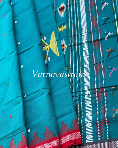 Teal Green Ganjam Bomkai Odisha weave Cotton saree