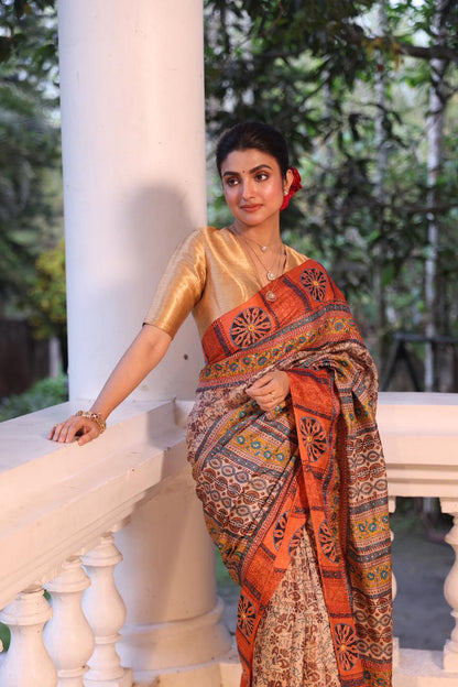 Reserved for Savi mam - A stunner tussar by zari handwoven silk saree with Katha handembroidery and Bagh handblock prints