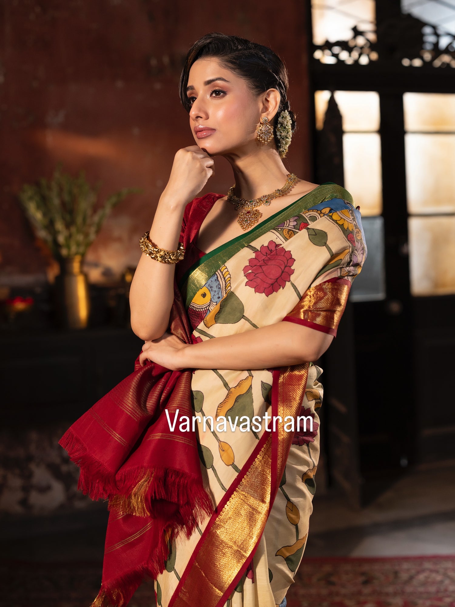 Masterpiece Ganga jamuna korvai kanchivaram silk saree Handdrawn handpainted penkalamkari