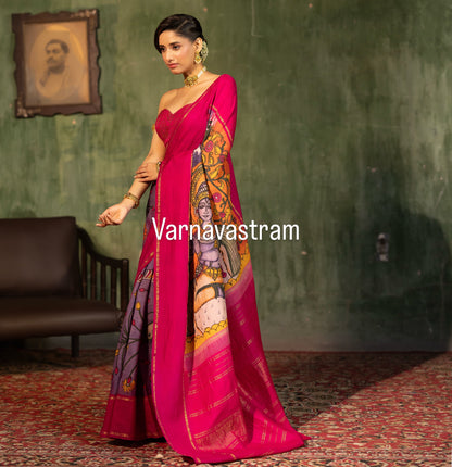 VRATHAPANI - Complete Hand Drawn And Hand Painted Penkalamkari In korvai Kanchivaram Silk Saree