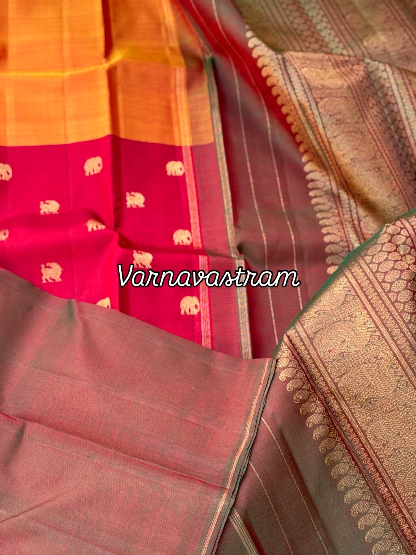 An elegant mubbagam 3 part korvai kanchivaram silk saree with yaali elephant motifs