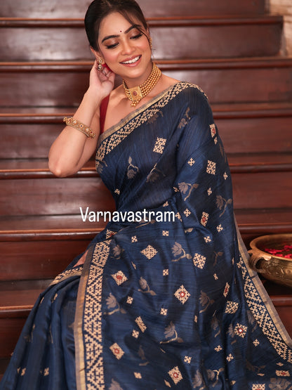 Handwoven matka silk jaal weave with beautiful handmade kutch mirrorwork