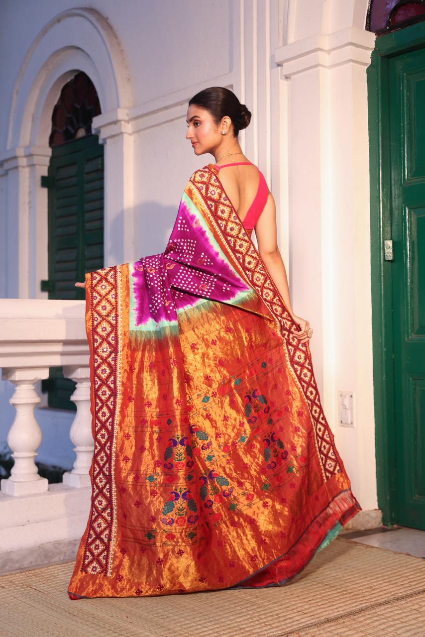Intricate art piece blending Paithani Muniya with hand-knotted Bhandej and embellished with Kutch mirror work border