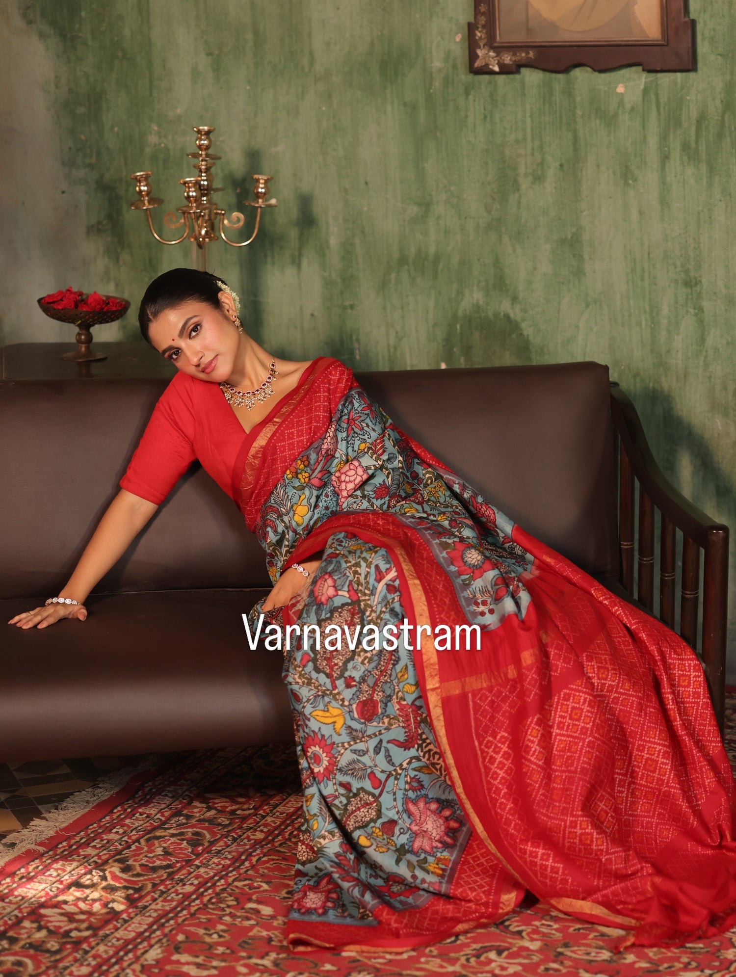 VRATHAPANI - A bhandhej inspired mulberry silk ikkat adorned with chintz inspired art on Complete Hand Drawn And Hand Painted Penkalamkari In korvai Kanchivaram Silk Saree
