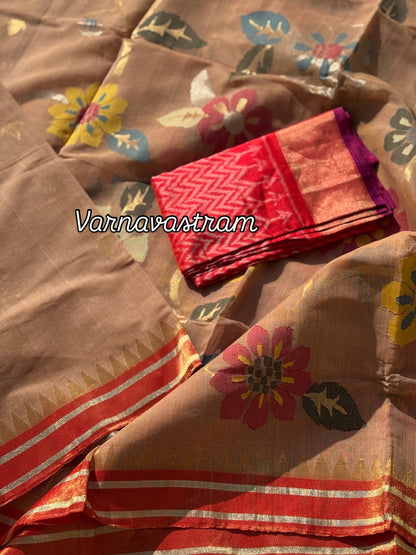 An elegant handspun ponduru Khadhi jamdani cotton saree in kaaki shade with red tissue Zari