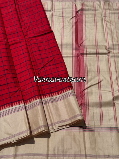 A stunning red ivory kattam korvai kanchivaram silk saree