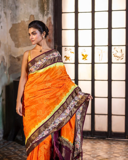 Parsi Gara with Rai Bhandej stunning zari Korvai Kanchivaram in yellow orange with betel brown