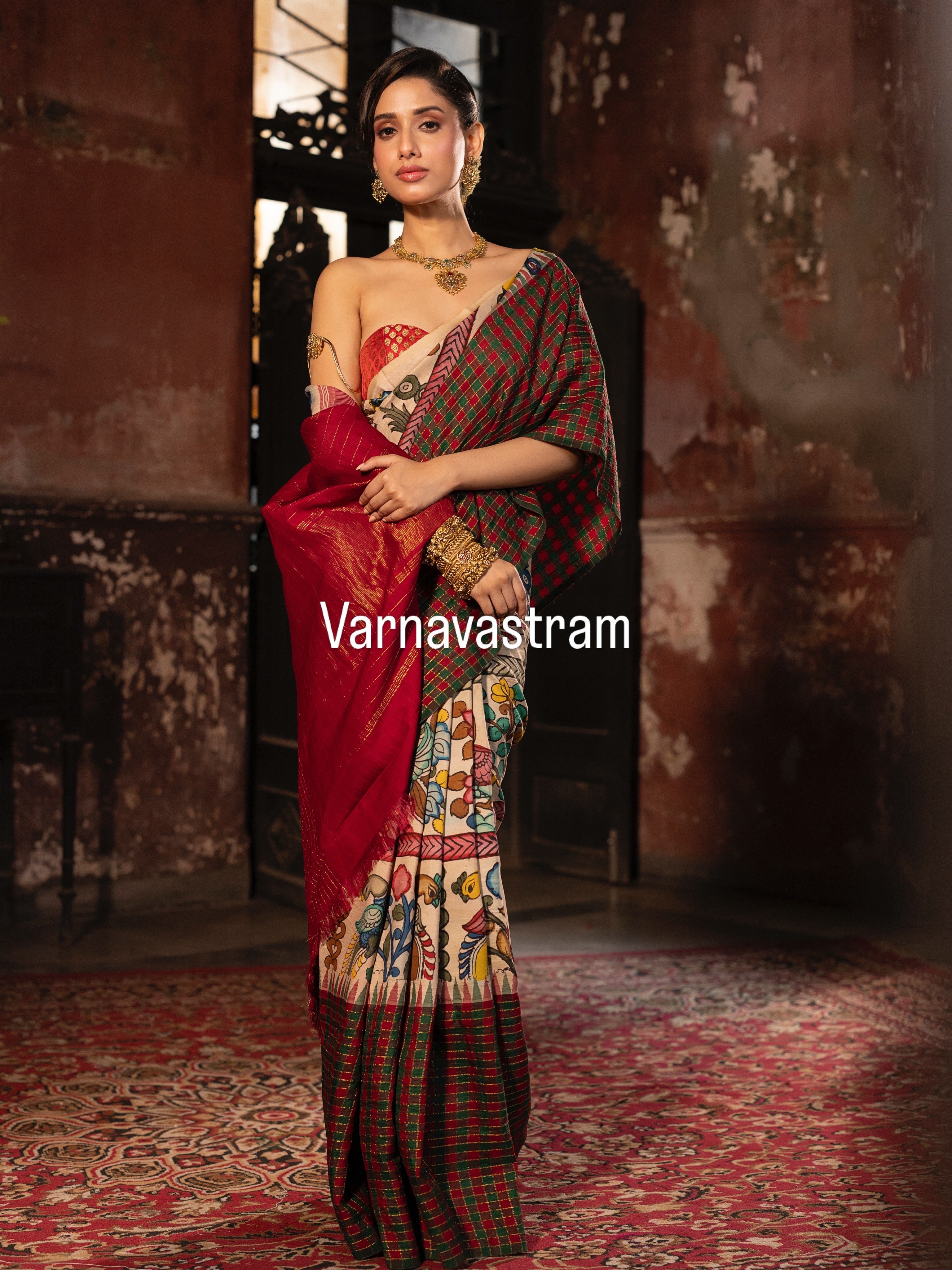 VRATHAPANI- Exquisite Handdrawn handpainted penkalamkari korvai kanchivaram silk saree