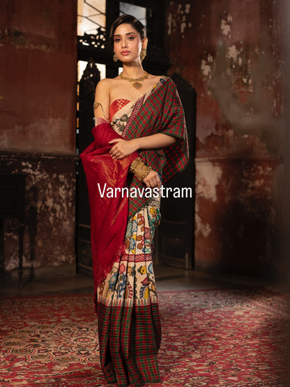 VRATHAPANI- Exquisite Handdrawn handpainted penkalamkari korvai kanchivaram silk saree