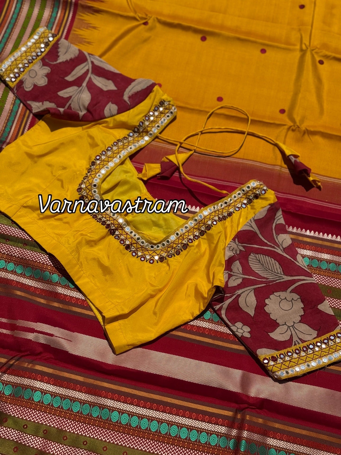 Yellow maroon silk blouse handdrawn hand painted penkalamkari and zardosi embellished