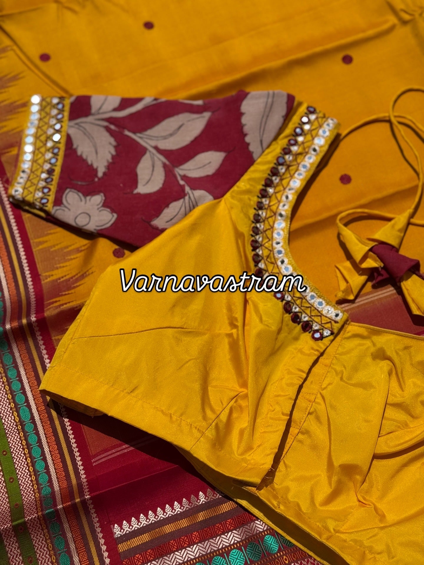 Yellow maroon silk blouse handdrawn hand painted penkalamkari and zardosi embellished