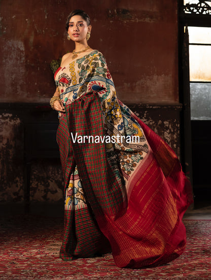 VRATHAPANI- Exquisite Handdrawn handpainted penkalamkari korvai kanchivaram silk saree